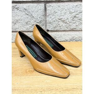 Women's Tan Leather Mid Heel Pumps